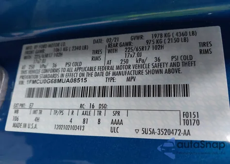 2021 Ford Escape Se from USA, damaged, VIN 1FMCU0G68MUA08515